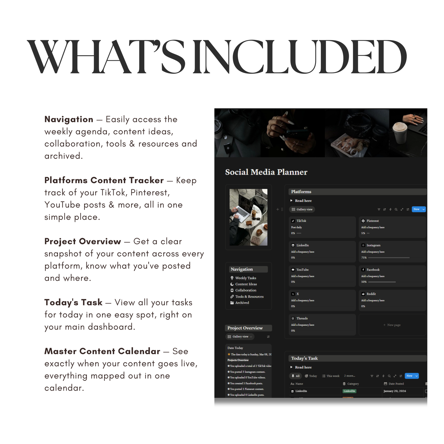 Social Media Planner Notion Template | Dark Minimal | Content Calendar & Tracker for Creators