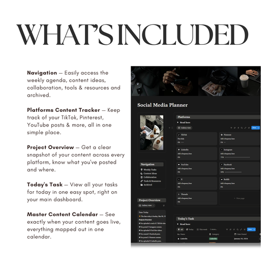 Social Media Planner Notion Template | Dark Minimal | Content Calendar & Tracker for Creators