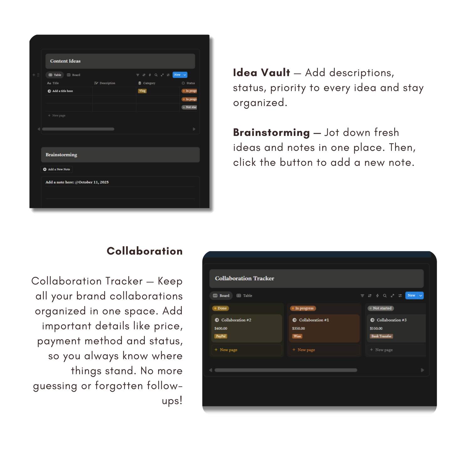 Social Media Planner Notion Template | Dark Minimal | Content Calendar & Tracker for Creators