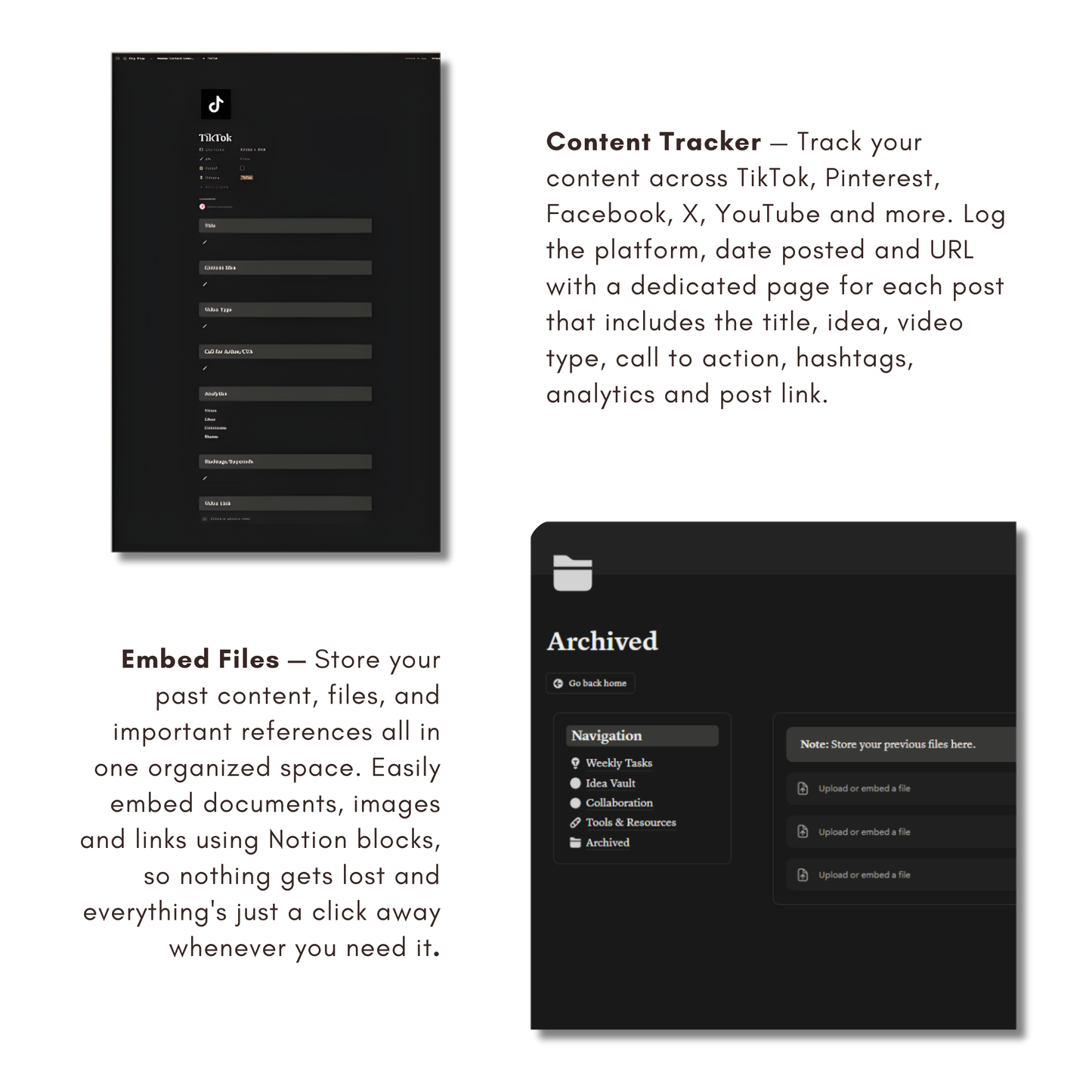 Social Media Planner Notion Template | Dark Minimal | Content Calendar & Tracker for Creators
