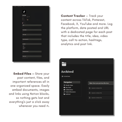 Social Media Planner Notion Template | Dark Minimal | Content Calendar & Tracker for Creators