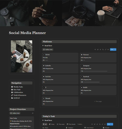 Social Media Planner Notion Template | Dark Minimal | Content Calendar & Tracker for Creators