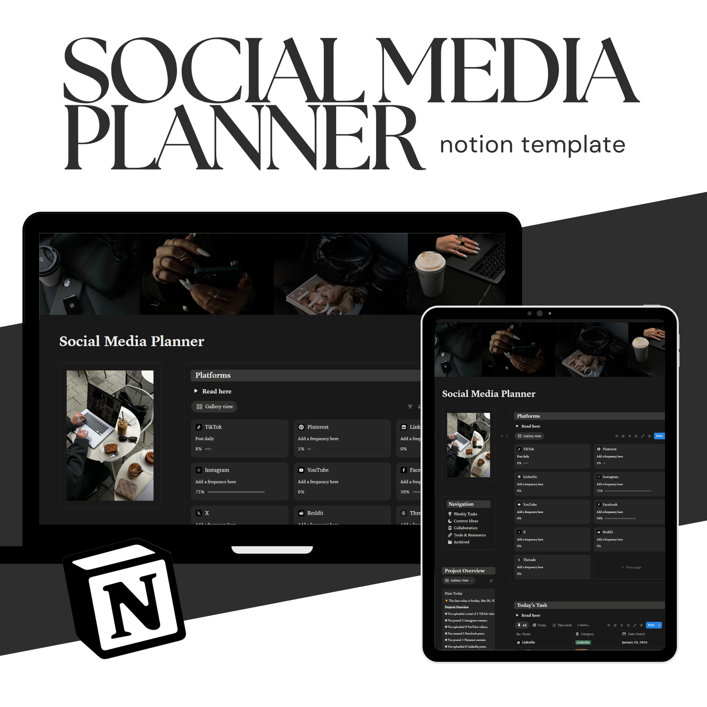 Social Media Planner Notion Template | Dark Minimal | Content Calendar & Tracker for Creators